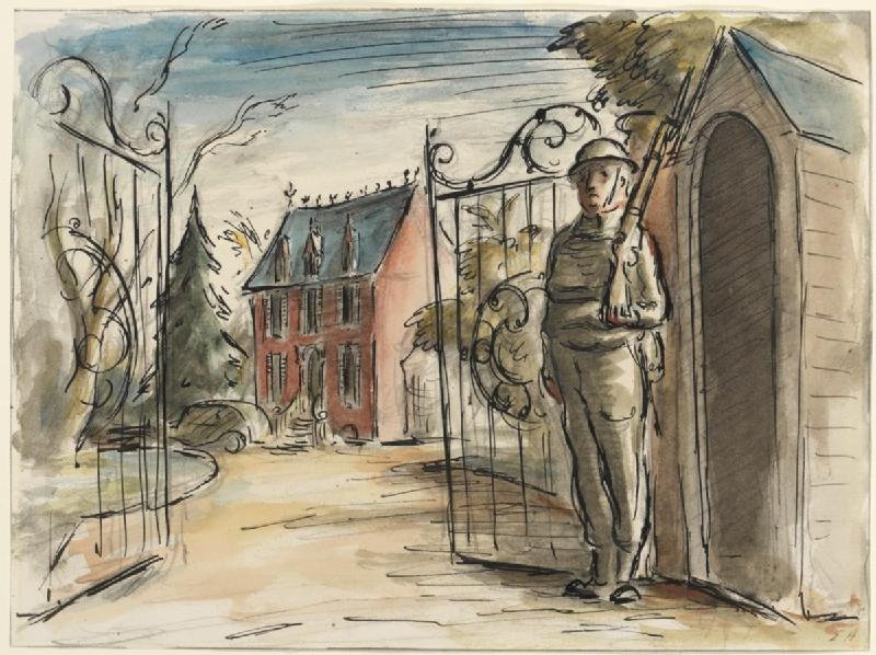 Edward Ardizzone, Brigade H.Q., 1944 — watercolour and ink, Imperial War Museum