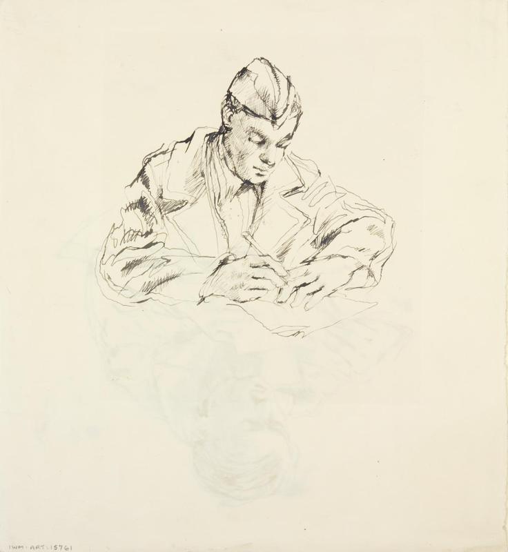 John Minton, Soldier Writing a Letter Home, c.1943 — ink drawing, Imperial War Museum